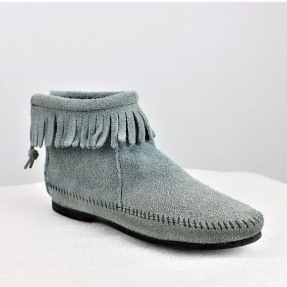 Leather Moccasin Bootie Fringe Ankle Zip Back Soft Rubber Sole Blue Gray Size 6 - Picture 1 of 10